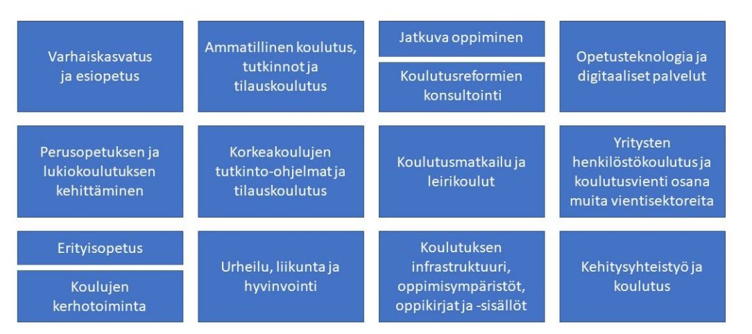 Suomalaisen koulutusviennin palvelualueita ovat varhaiskasvatus ja esiopetus, peruskoulutuksen ja lukiokoulutuksen kehittäminen, erityisopetus, koulujen kerhotoiminta, ammatillinen koulutus, tutkinnot ja tilauskoulutus, korkeakoulujen tutkinto-ohjelmat ja