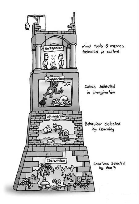 Kuvio, jossa Daniel Dennettin evoluutiomekanismia torni -vertauksesta (Tower of Generate and Test).