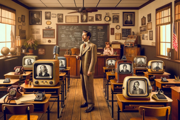Tekoälyllä tehty retrotyylinen kuvituskuva, jossa korkeakouluopettaja luokkatilassa, jossa koulupöydillä on perinteisiä televisioruutuja.