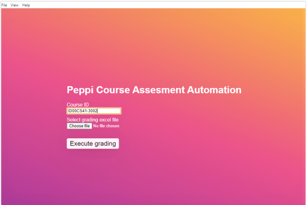Kuvakaappaus kirjausrobotin aloitusnäkymästä. Näkymässä on teksti: Peppi Course Assesment Automation.