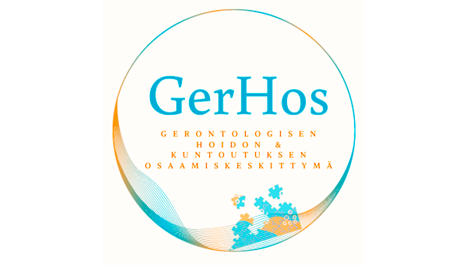 Pyöreä logo, jossa keskellä lukee GerHos, Gerontologisen hoidon ja kuntoutuksen osaamiskeskittymä.